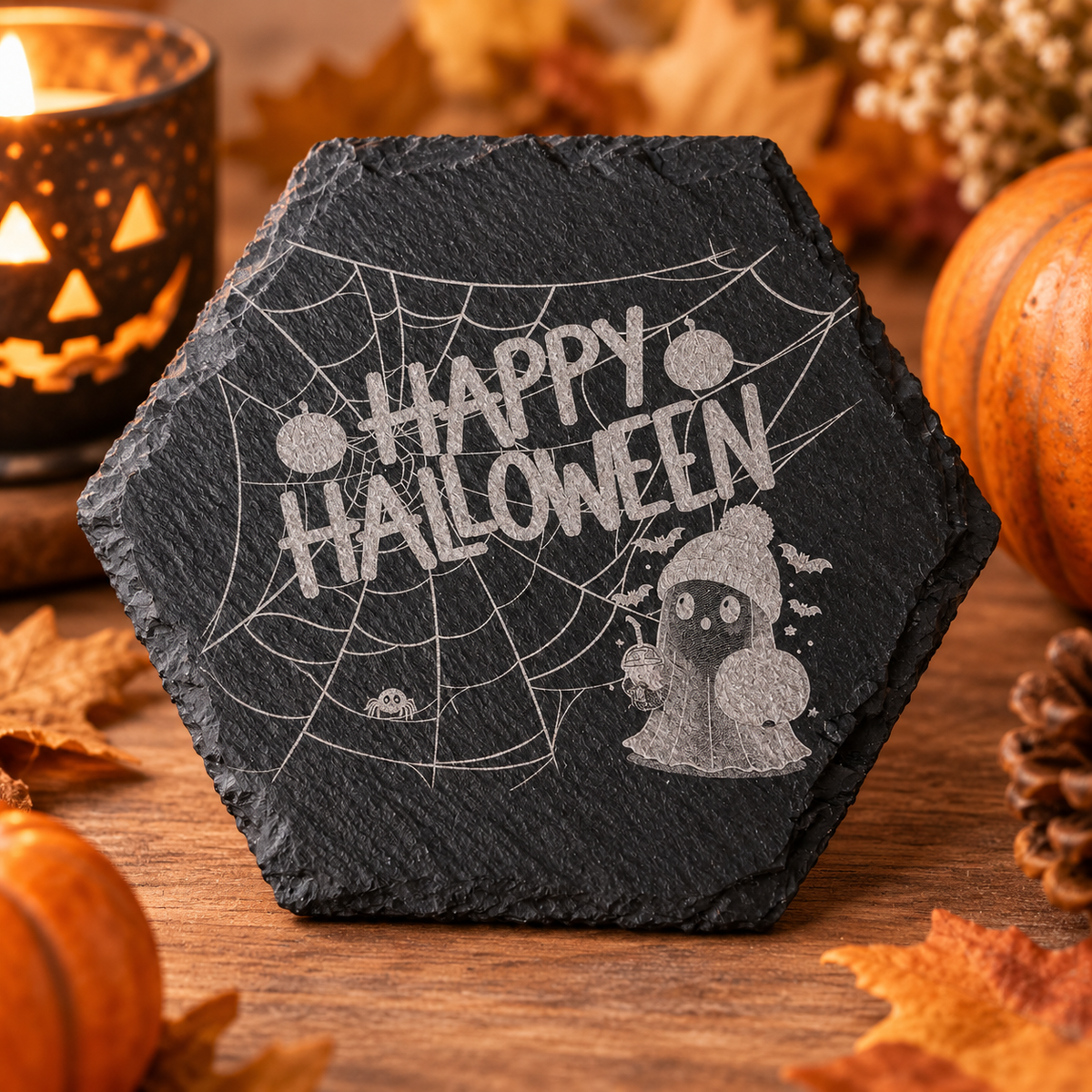 Schiefer-Untersetzer „Happy Halloween“