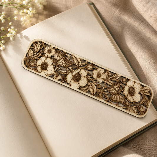 Holz-Lesezeichen mit Blumen und Schmetterlingen