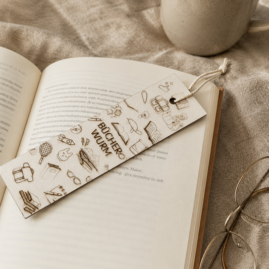 Holz-Lesezeichen „Bücherwurm“ mit verspielter Gravur