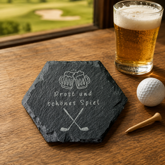 Schiefer-Untersetzer „Prost und schönes Spiel“ für Golfer