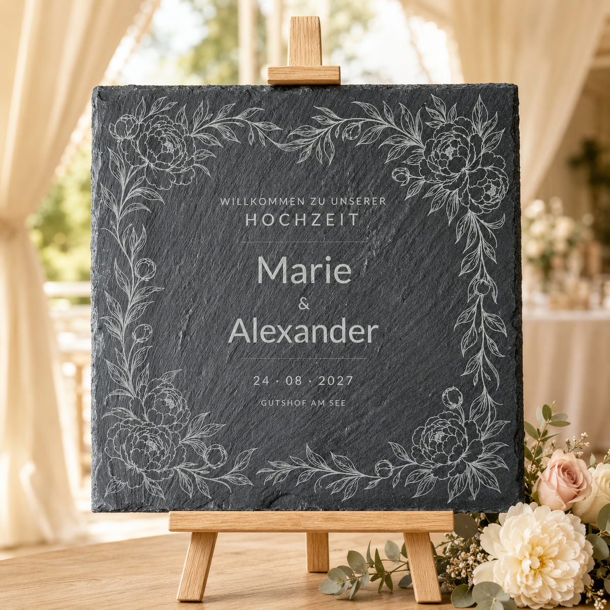 Personalisiertes Hochzeitsschild aus Schiefer mit Blumenrahmen