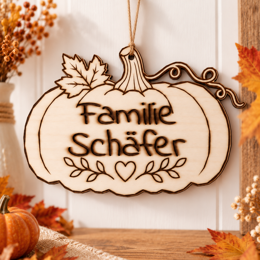 Personalisiertes Herbst-Türschild Kürbis – Familie | Holzdeko mit Wunschname