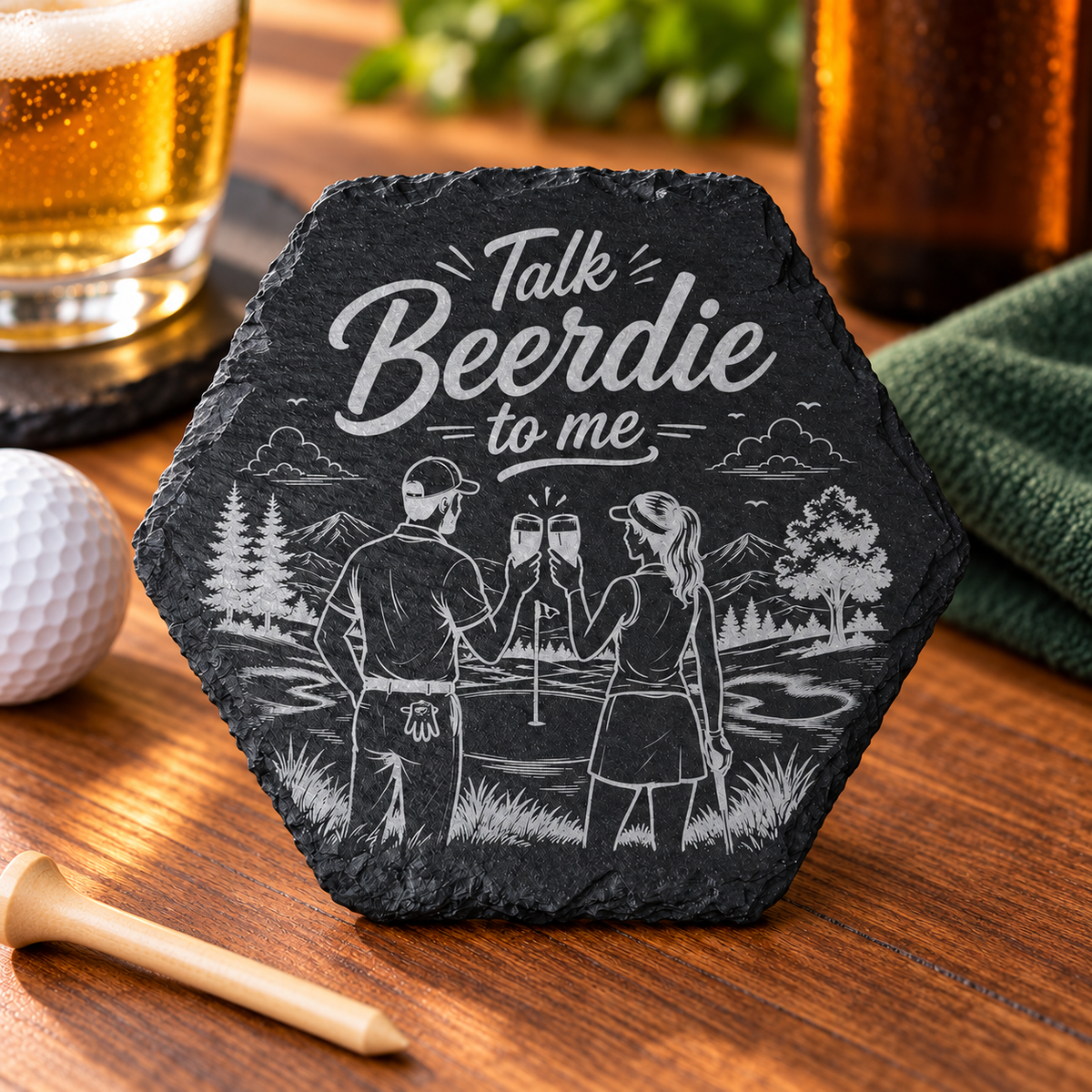Schiefer-Untersetzer „Talk Beerdie to me“ – Golf trifft Feierabendbier
