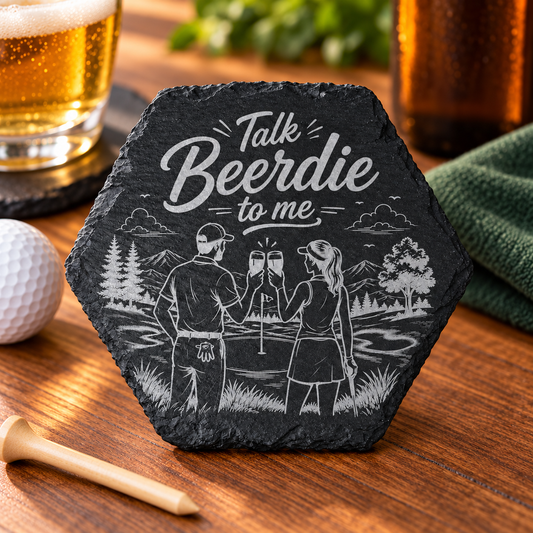 Schiefer-Untersetzer „Talk Beerdie to me“ – Golf trifft Feierabendbier