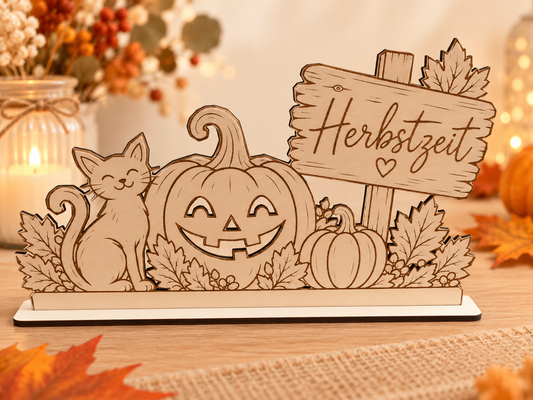 „Herbstliche Tischdeko Herbstzeit – Katze & Kürbis aus Holz“