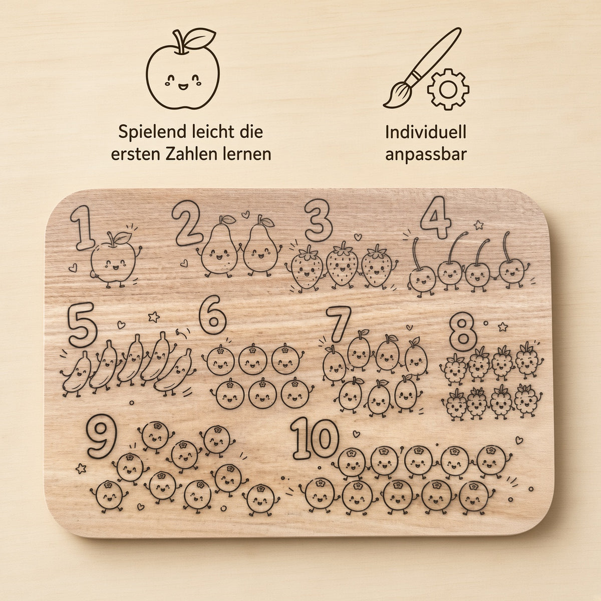 Lern-Frühstücksbrettchen „Zahlen 1–10“ mit fröhlichen Früchten