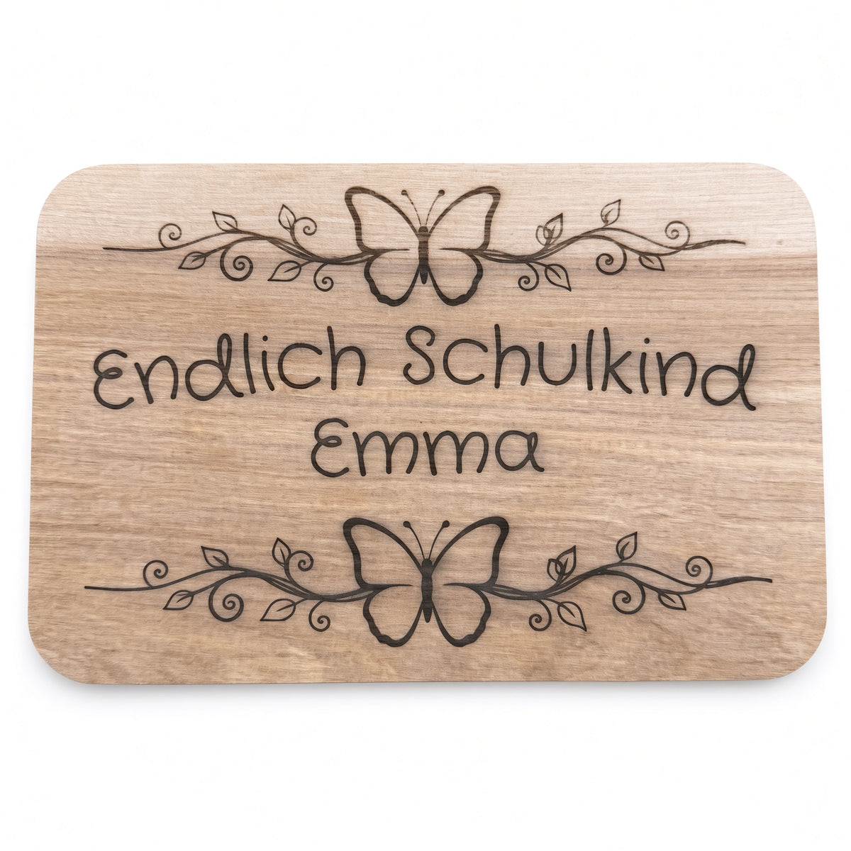 Personalisiertes Frühstücksbrettchen „Endlich Schulkind“ mit Schmetterlingen