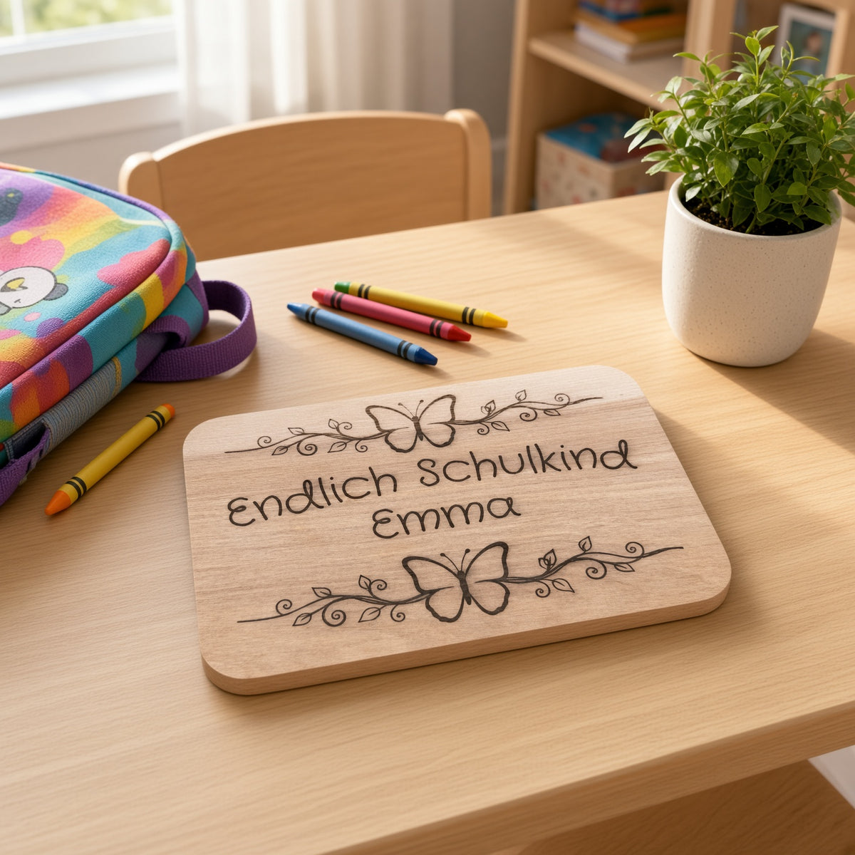 Personalisiertes Frühstücksbrettchen „Endlich Schulkind“ mit Schmetterlingen